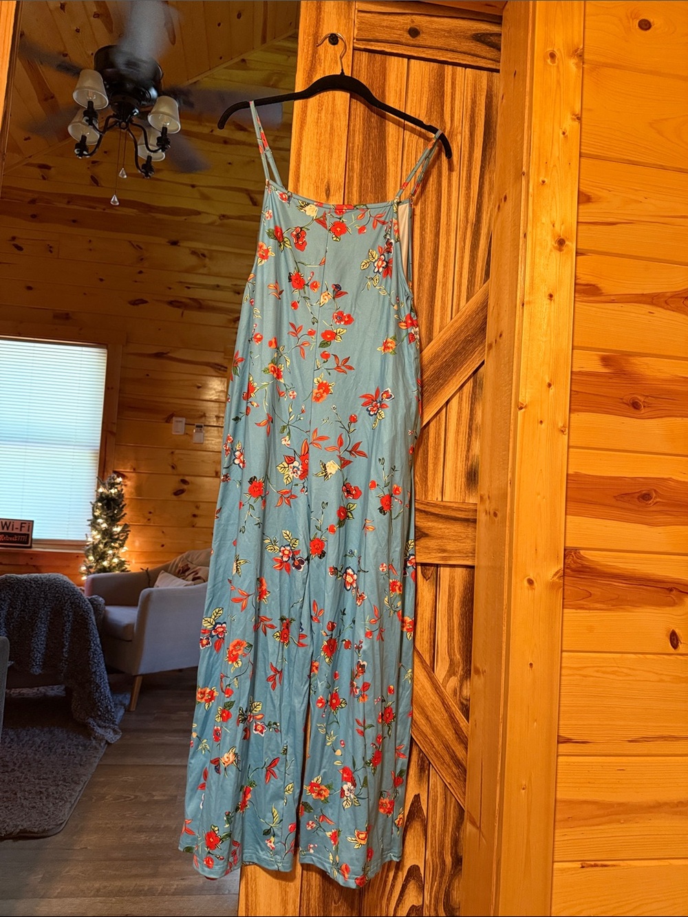 Sleeveless Floral Maxi Jumpsuit in Light Blue with Red Bloom
